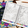 An open color by number book showing detailed floral and mandala line art pages.