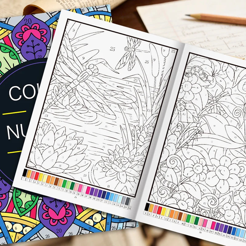 An open color by number book showing detailed floral and mandala line art pages.