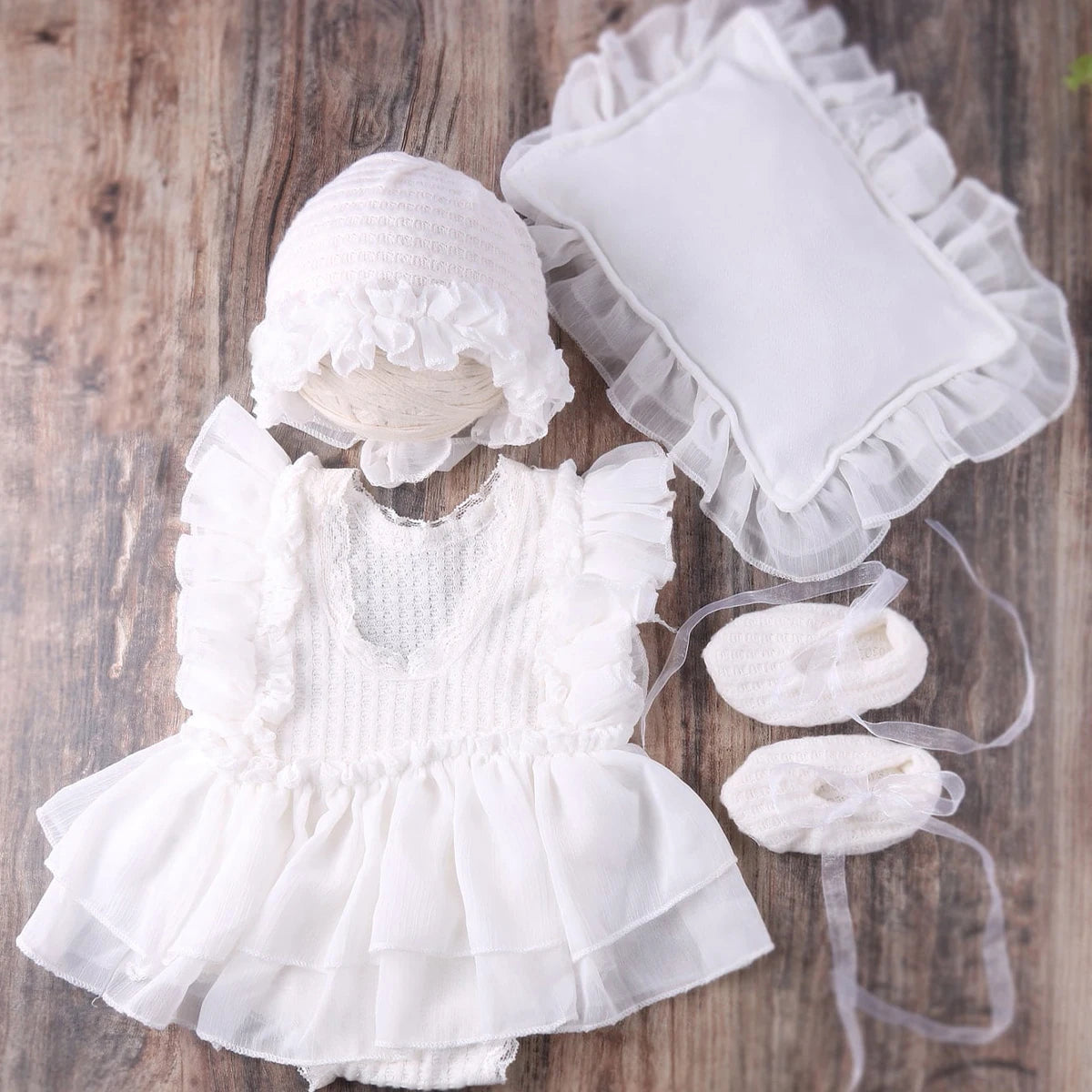 Newborn Chiffon Photography Outfit Set with Hat, Pillow & Mini Shoes
