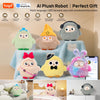 A collection of soft plush robots in various colors and shapes displayed on a table, highlighting multi-language features.