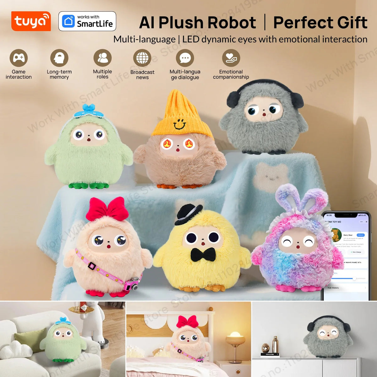 A collection of soft plush robots in various colors and shapes displayed on a table, highlighting multi-language features.