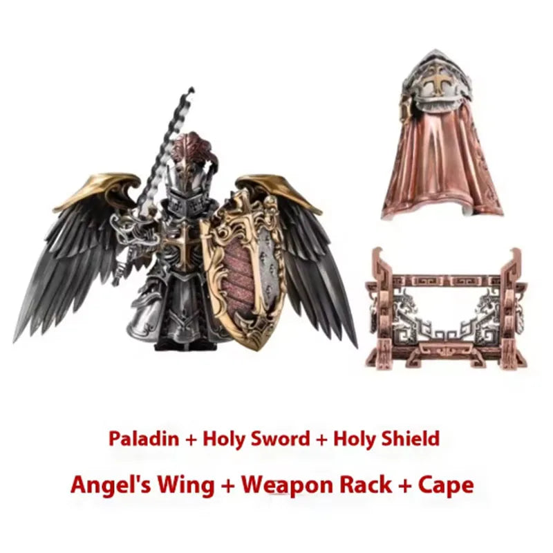 A detailed figurine of a Paladin with a holy sword and shield, featuring an angel's wing, weapon rack, and cape.