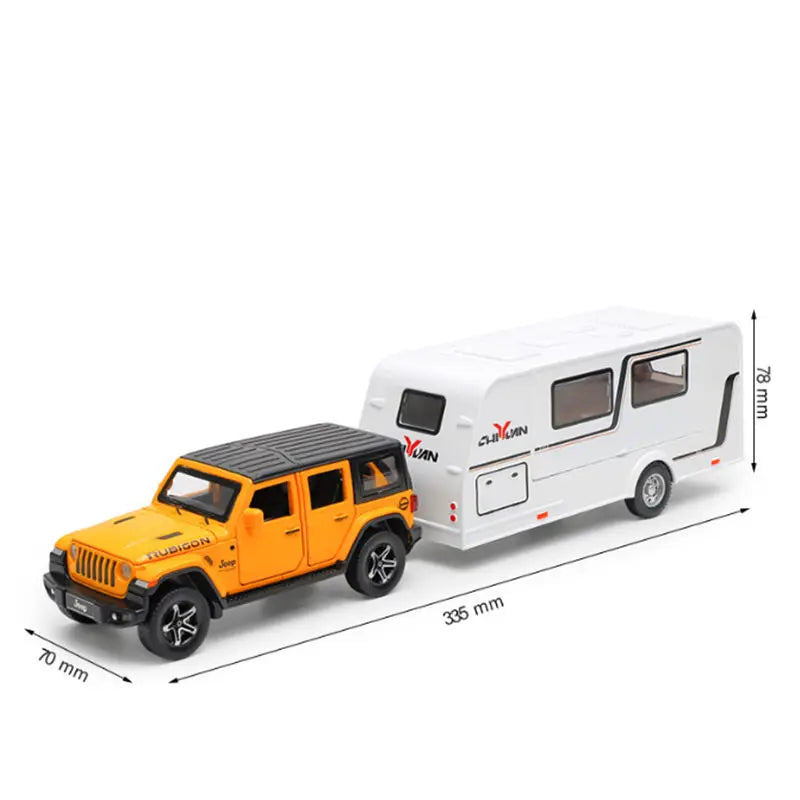 A yellow diecast metal RV camper truck model with a white roof and side windows.