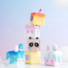 A collection of colorful geometric monster mini bean blind box figures in various pastel colors and shapes.
