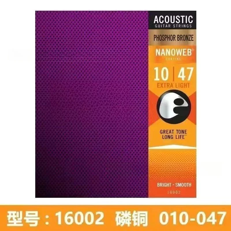 A box of Phosphor Bronze nanoweb acoustic guitar strings with the model number 16002 and part number 010-047
