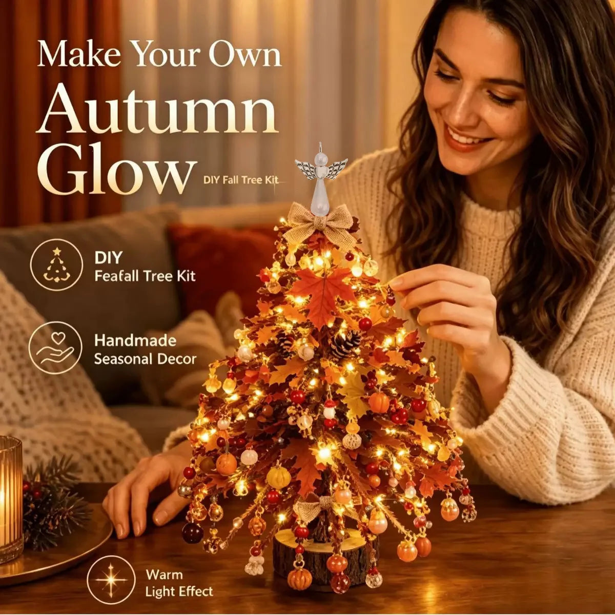 A woman is decorating a DIY fall tree kit with lights and ornaments on a wooden table.