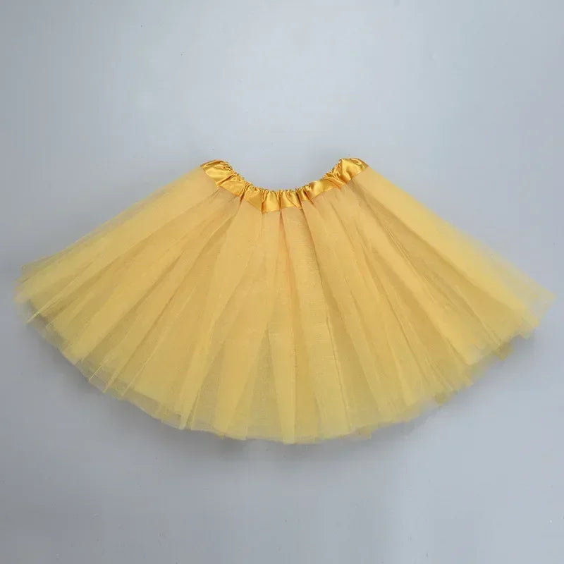 A yellow three-layer tutu skirt for girls with a ruffled waistband.