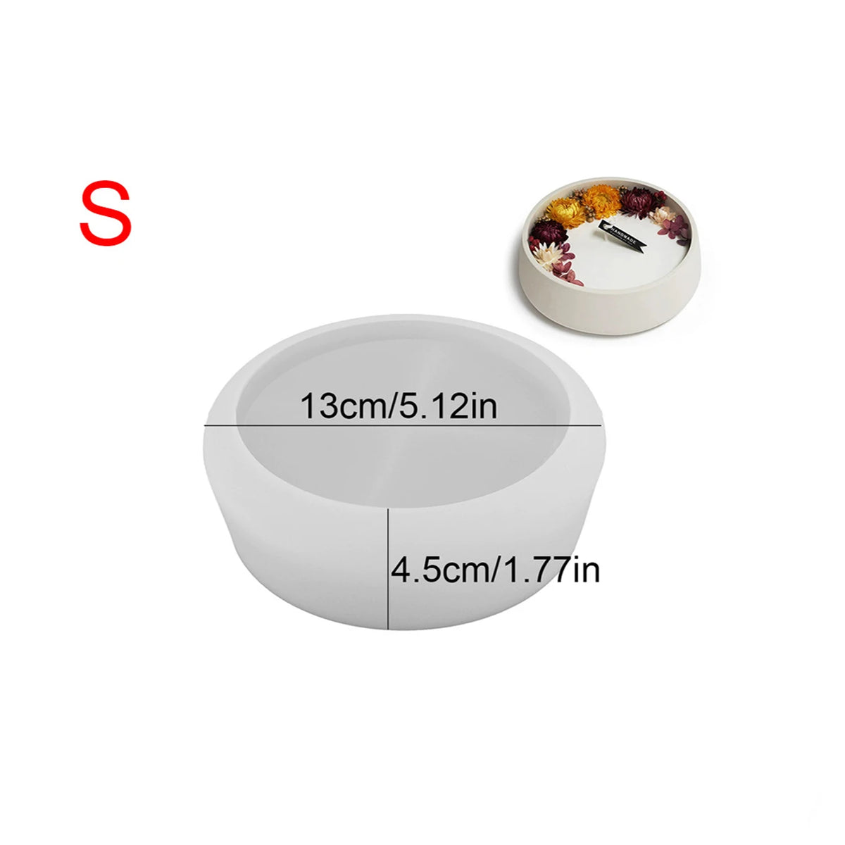 A white silicone mold with dimensions 13cm/5.12in and 4.5cm/1.77in, shown next to a small decorative item.