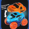 Orange and blue race car shells for an interchangeable track set with a helmet and a car.