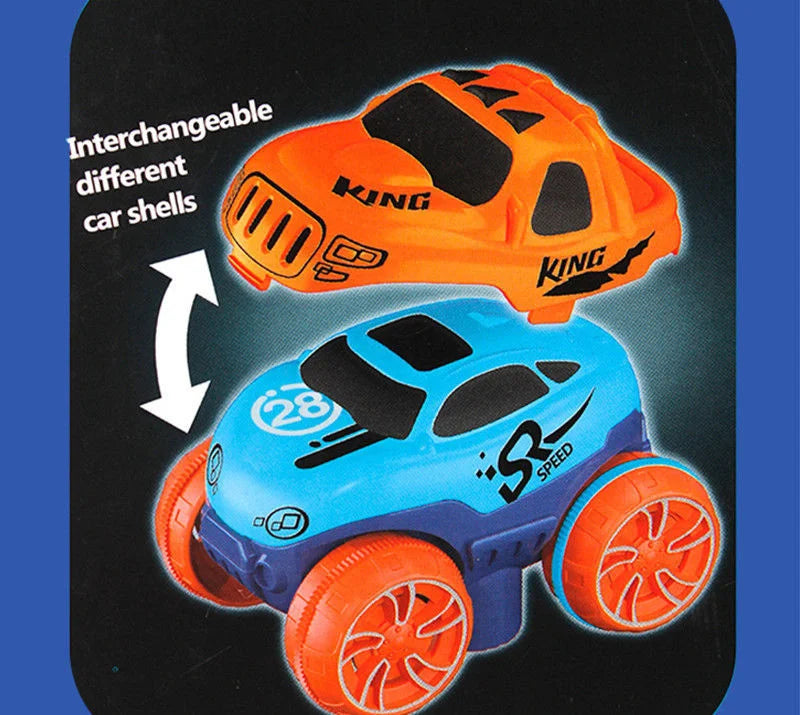 Orange and blue race car shells for an interchangeable track set with a helmet and a car.