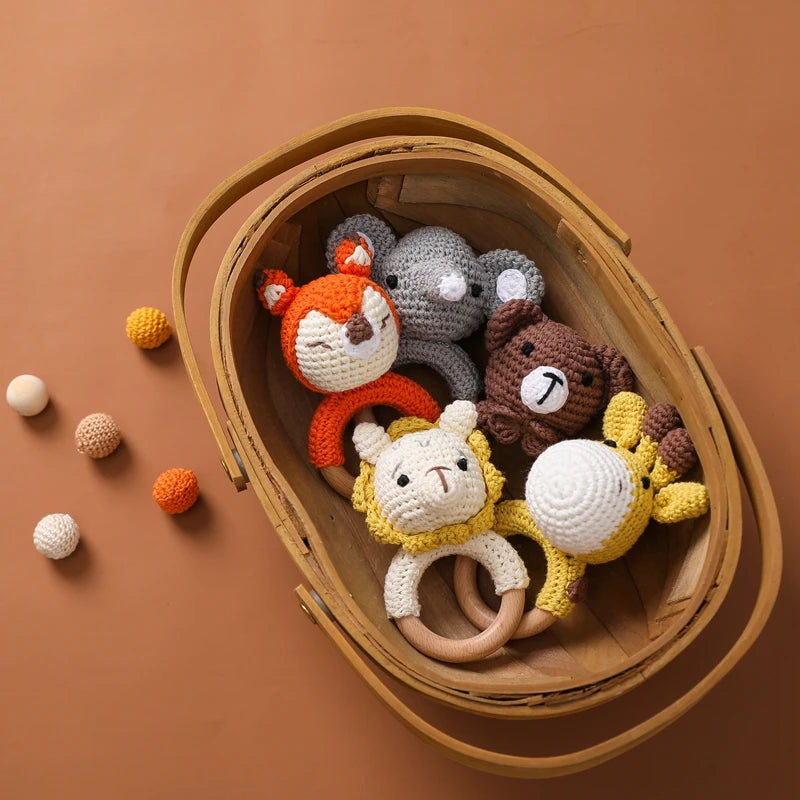 Handcrafted Wooden Crochet Animal Rattle for Babies