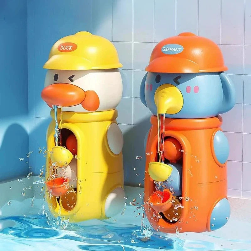 Two bath toys shaped like a duck and an elephant are shown submerged in water.
