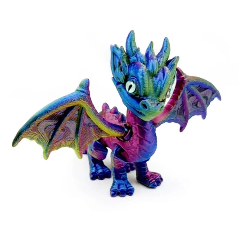 A vibrant, articulated 3D printed dragon figurine with purple and blue scales and translucent wings.