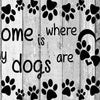 A wooden background with paw prints and the text Home is where my dogs are.