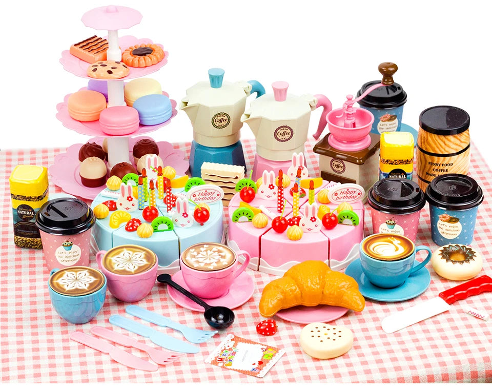 A pretend play tea party set featuring various cups, cakes, and food items for children.