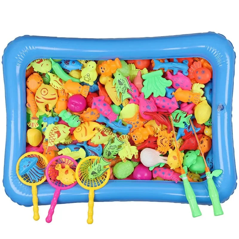 A blue inflatable pool magnetic fishing game set filled with colorful plastic fish and sea creatures.