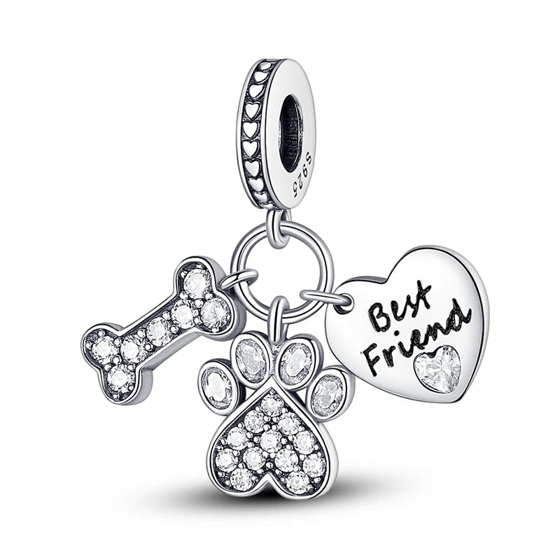 A sterling silver charm featuring a paw print and a heart design, suitable for DIY bracelet making.