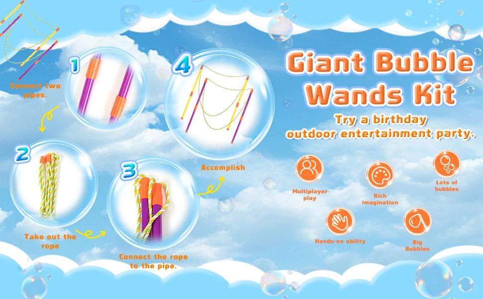 Giant Bubble Wands Kit showing steps for making bubbles, including connecting rods and pipes.