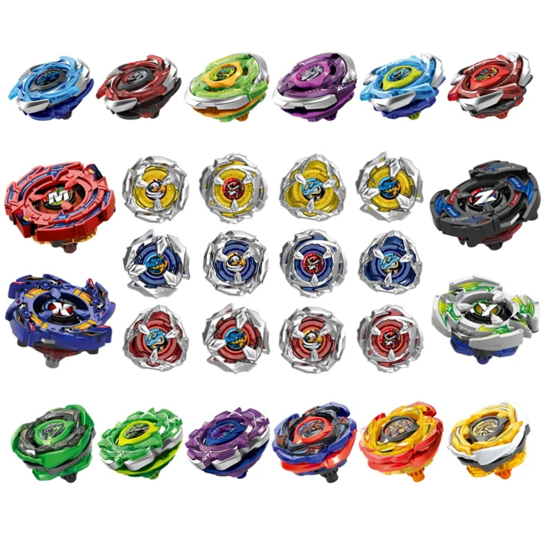 Collection de toupies colorées en métal et plastique de divers designs et couleurs.