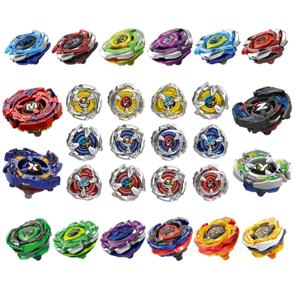 A collection of colorful spinning tops made of metal and plastic in various designs and colors.