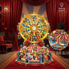A detailed wooden model kit of a Ferris wheel music box dollhouse displayed on a red velvet backdrop.