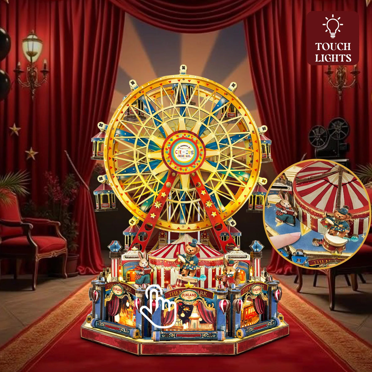 A detailed wooden model kit of a Ferris wheel music box dollhouse displayed on a red velvet backdrop.