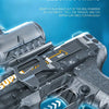 Close-up of a silver electric water gun with a trigger and barrel, ready for firing.