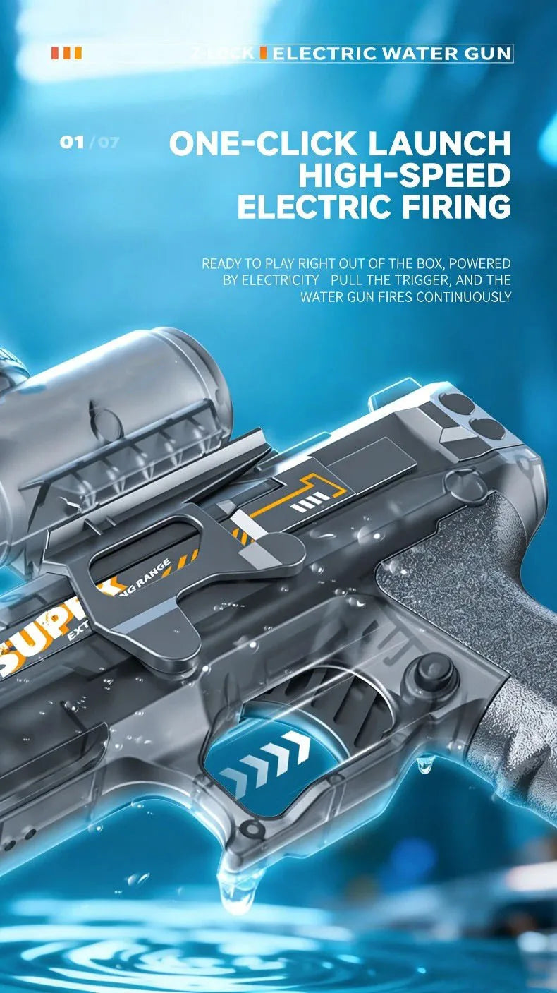 Close-up of a silver electric water gun with a trigger and barrel, ready for firing.