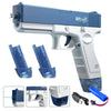 A blue and silver electric water blaster gun for kids with accessories shown in various angles.
