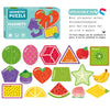 A set of geometry puzzles featuring various fruit shapes and magnets for children.