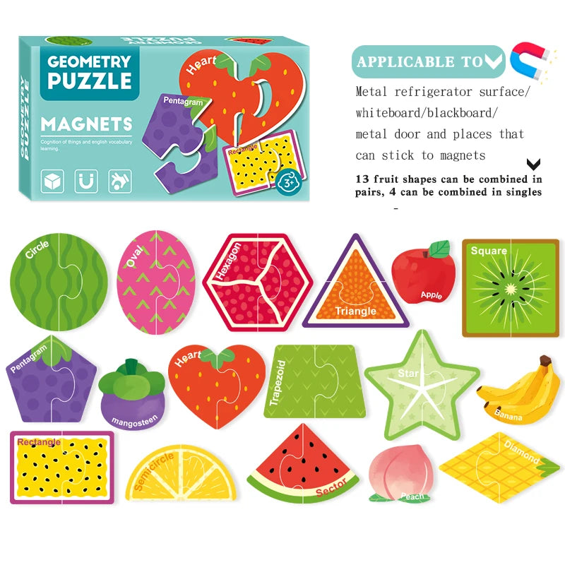 A set of geometry puzzles featuring various fruit shapes and magnets for children.