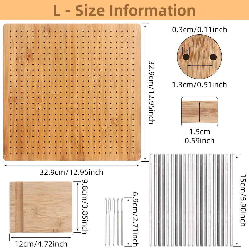 A wooden bamboo crochet blocking board with pins, showing various sizes and dimensions.