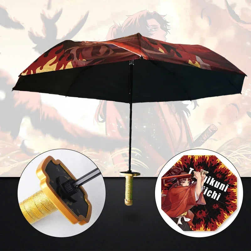 A black umbrella featuring a Demon Slayer Katana design, shown alongside the sword itself.