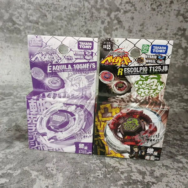 A set of Takara Tomy Metal Fight collectible figures, including the Eaquila 105HF/S and Rescolpio T125JB.