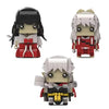 A set of three anime-inspired collectible building block figures featuring dark hair and red clothing.