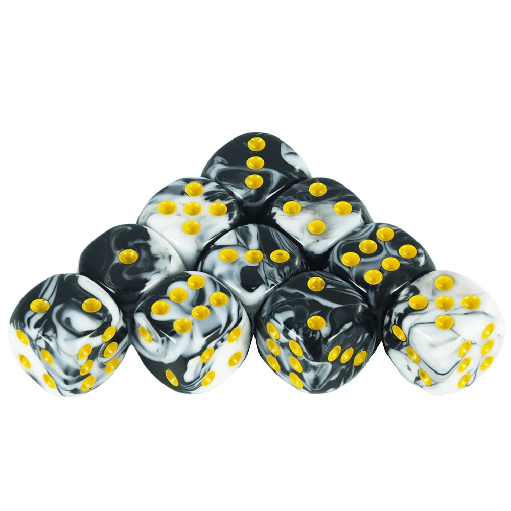 A set of ten colorful D6 dice with gold accents and a storage tube.