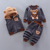 A gray kids winter fleece sweater set featuring a bear design with a brown hood and matching pants.