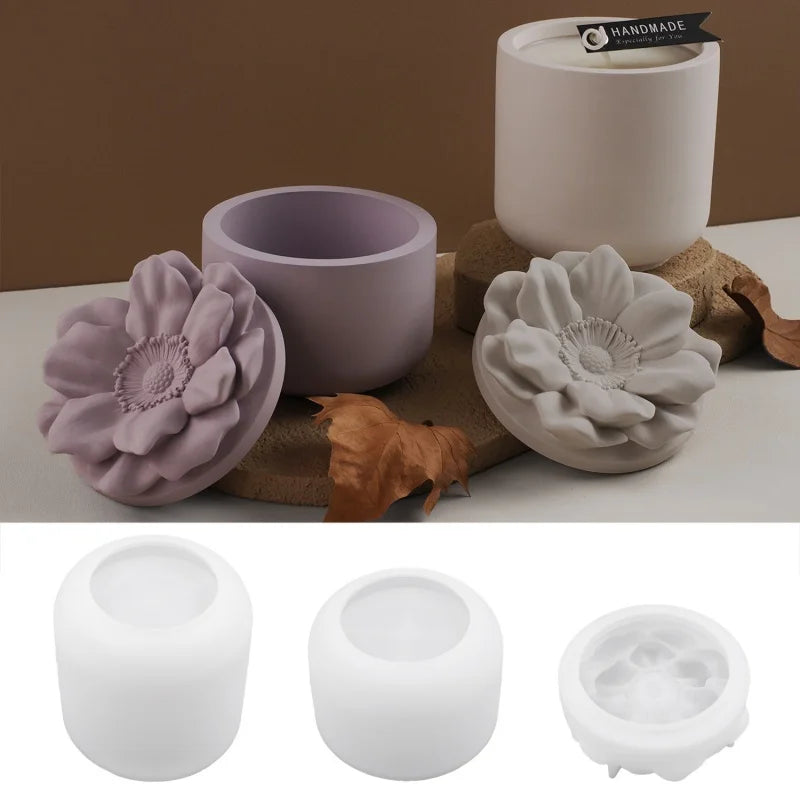 A set of floral silicone molds in purple and gray for decorative storage jars and candle cups.