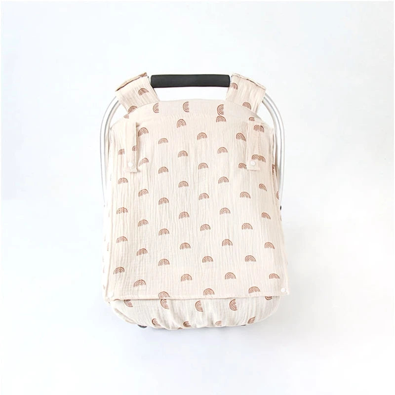 A beige breathable baby car seat cover featuring a sun shade and mosquito net.