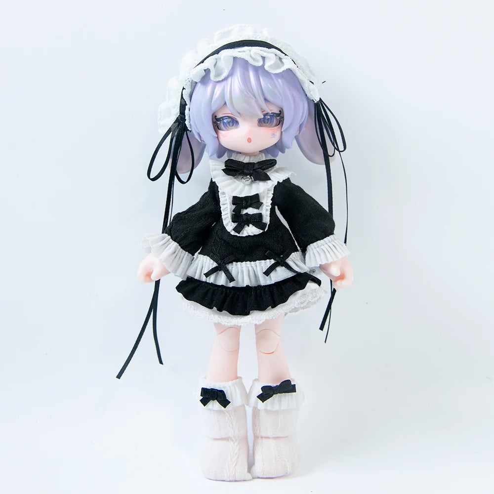 A 1/12 scale Lunar-themed posable doll blind box with light purple hair wearing a black and white dress and a white lace bonn