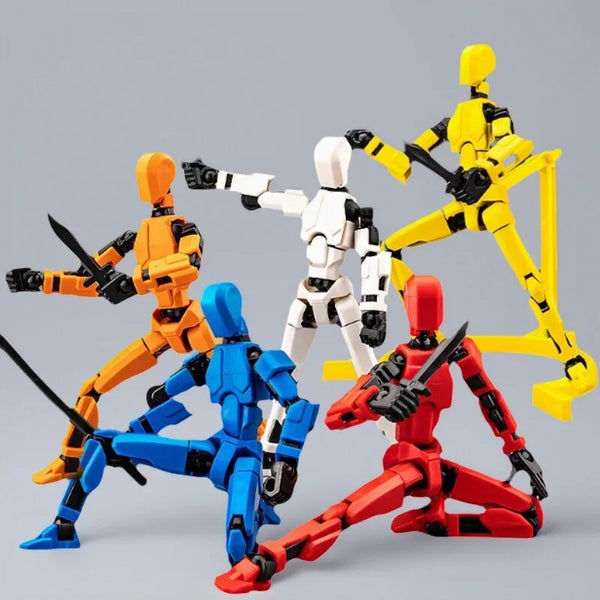A collection of multi-jointed transformation robot hand puppets in yellow, white, blue, and red.