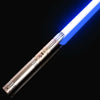 A close-up of a metallic lightsaber with a blue blade emitting light against a black background.
