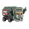 A green and red trash truck building block set with a working dump function.