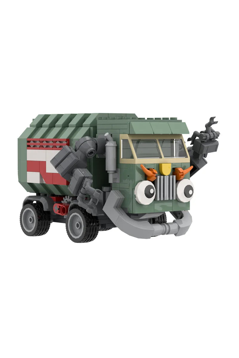 A green and red trash truck building block set with a working dump function.