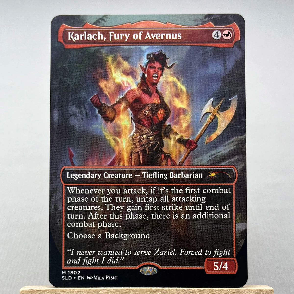A Magic: The Gathering card featuring Karlach, Fury of Avernus, a Legendary Creature with 5/4 power.