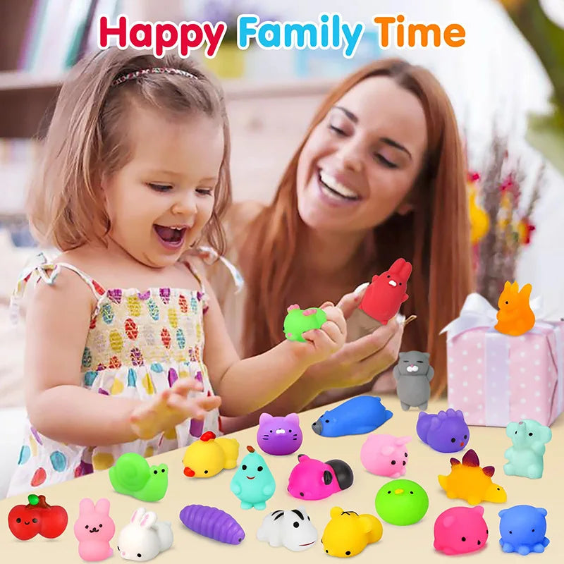 A young girl and woman are interacting with various colorful squishy fidget toys like animals and food items.