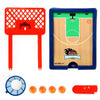 Mini tabletop basketball game set including a red and white hoop, a wooden court, and several orange balls.