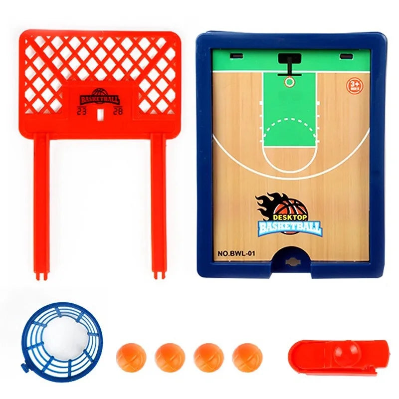 Mini tabletop basketball game set including a red and white hoop, a wooden court, and several orange balls.
