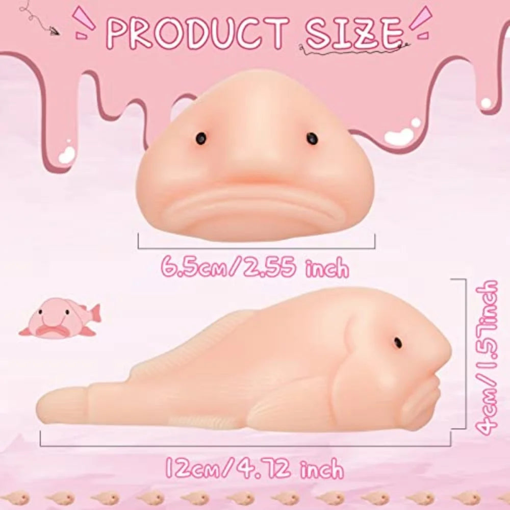 A pink squishy blobfish stress relief toy shown in two views, demonstrating its size.
