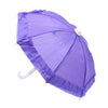 A purple lace-trimmed bear mini doll umbrella open and angled downward.